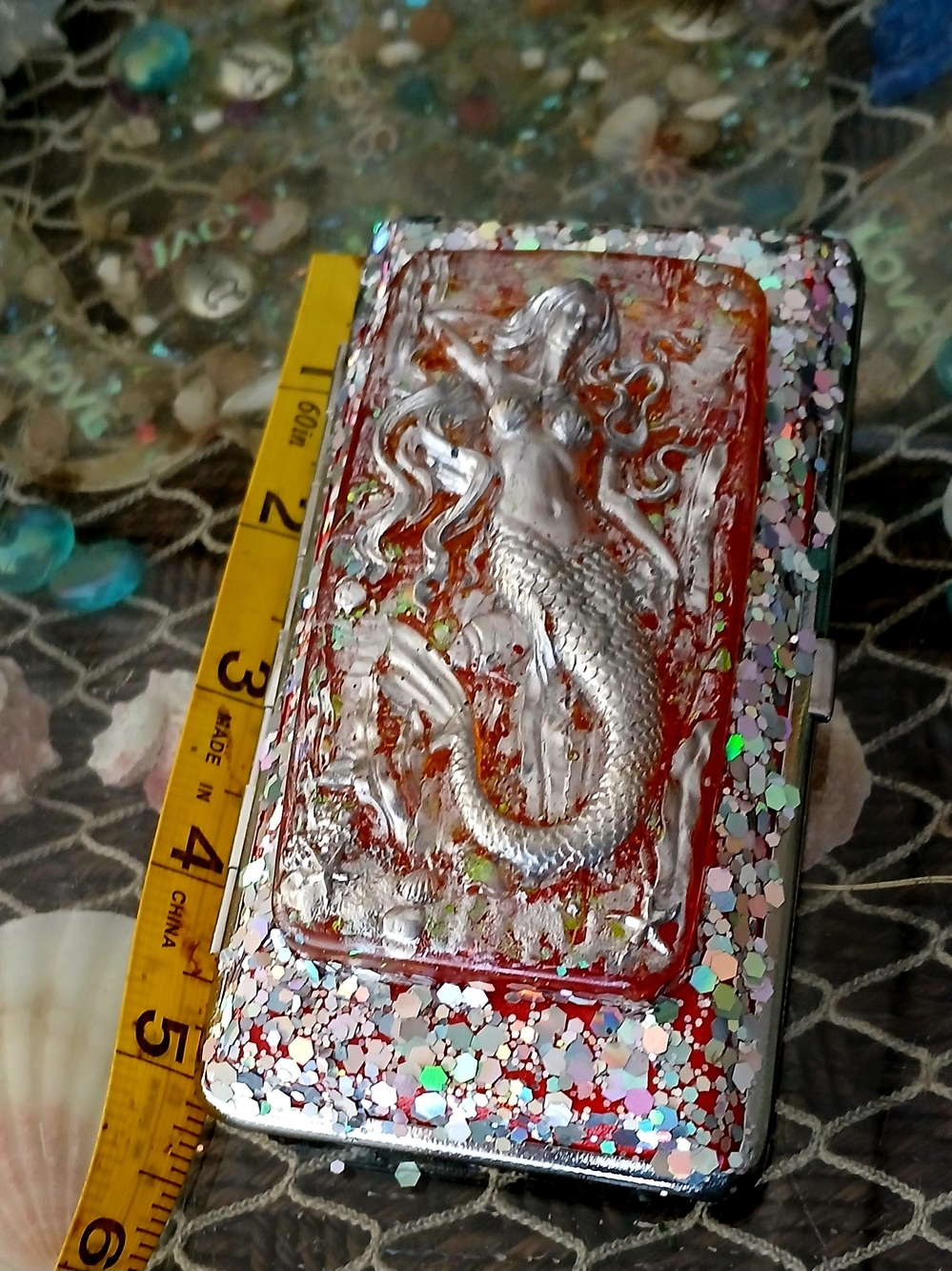 Silver Mermaid Glitter Card Or What Ever Case - Clear Orange Accents